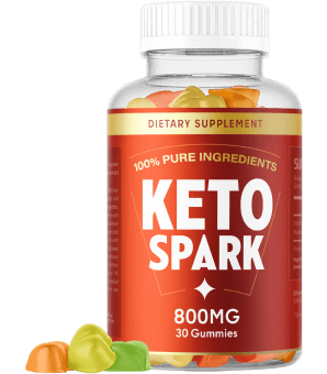A bottle of Keto Spark dietary supplement gummies with 800mg strength, containing 30 gummies, labeled as 100% pure ingredients.