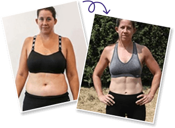 Before and after photos showing a woman's weight loss transformation