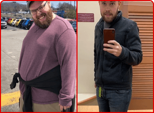 Before and after weight loss comparison photo of a man showing significant transformation.